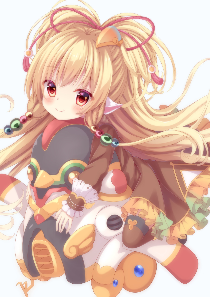 absurdres animal_ears bangs blonde_hair blue_background blush brown_dress brown_legwear closed_mouth commentary_request dress eyebrows_visible_through_hair frilled_dress frills granblue_fantasy hair_between_eyes hair_ornament hair_ribbon hakuto_momiji harvin heart heart_in_eye highres long_hair long_sleeves looking_at_viewer looking_to_the_side mahira_(granblue_fantasy) object_hug puffy_long_sleeves puffy_sleeves red_eyes red_ribbon ribbon simple_background sleeves_past_wrists smile solo star star_in_eye symbol_in_eye thighhighs very_long_hair
