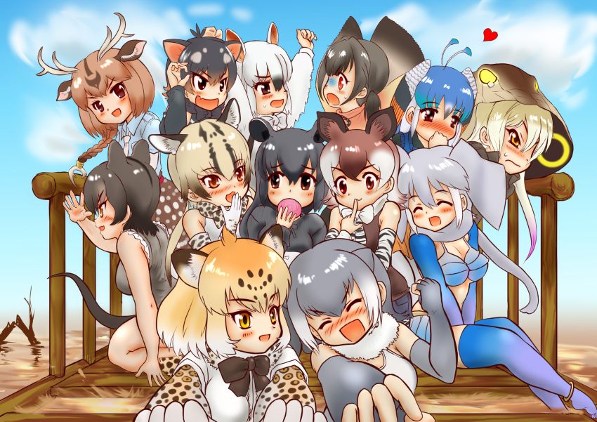 &gt;:( :d ^_^ african_elephant_(kemono_friends) animal_ears antlers aqua_hair arms_up ascot axis_deer_(kemono_friends) bangs bare_arms bare_shoulders bikini_top bird_wings black_hair blonde_hair blue_hair blue_shirt blush bow bowtie braid brown_eyes brown_hair claw_pose clenched_hand closed_eyes closed_mouth collared_shirt commentary_request covering_mouth day deer_ears detached_sleeves elbow_gloves elephant_ears expressive_clothes extra_ears eyebrows_visible_through_hair fang finger_to_another's_mouth fingerless_gloves fist_pump food foreshortening fossa_(kemono_friends) fossa_ears fossa_tail frilled_lizard_(kemono_friends) fur_collar gloves glowing grey_hair hair_between_eyes hakumaiya hand_to_own_mouth hand_up head_wings heart highres holding holding_food hood hood_up jaguar_(kemono_friends) jaguar_ears jaguar_print japari_bun kemono_friends king_cobra_(kemono_friends) kneeling long_hair long_sleeves looking_afar looking_at_another malayan_tapir_(kemono_friends) multicolored_hair multiple_girls necktie nose_blush ocelot_(kemono_friends) ocelot_ears ocelot_print okapi_(kemono_friends) okapi_ears open_mouth orange_eyes otter_ears outdoors pantyhose pantyhose_under_shorts peafowl_(kemono_friends) pink_hair platinum_blonde_hair print_gloves print_neckwear red_eyes scarf shiny shiny_hair shirt short_hair short_over_long_sleeves short_sleeves shorts sidelocks single_braid sitting skirt sleeveless sleeveless_shirt small-clawed_otter_(kemono_friends) smile southern_tamandua_(kemono_friends) standing swimsuit tail tamandua_ears tapir_ears tasmanian_devil_(kemono_friends) tasmanian_devil_ears tearing_up thighhighs turn_pale twintails two-tone_hair v-shaped_eyebrows water watercraft white_hair white_neckwear white_shirt wings yellow_eyes yuri |d