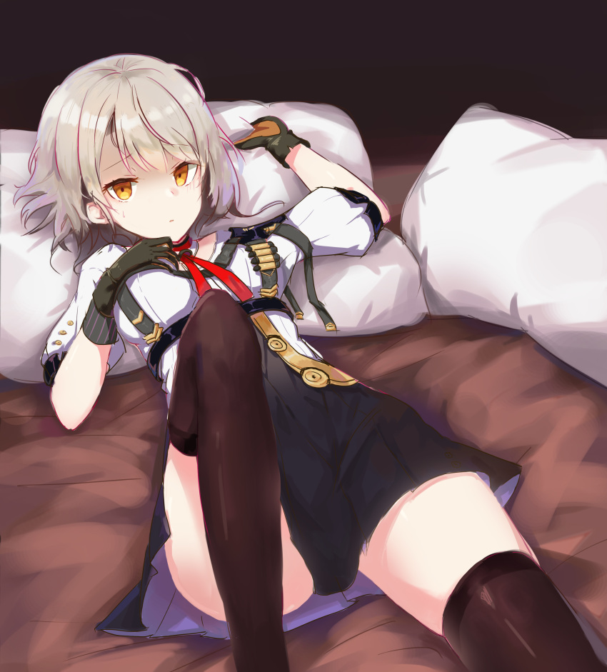 735308747 absurdres bed_sheet blush breasts cleavage eyebrows_visible_through_hair girls_frontline gloves highres looking_at_viewer lying medium_breasts on_back on_bed pillow pillow_grab red_ribbon ribbon short_hair silver_hair solo thighhighs uniform vector_(girls_frontline) yellow_eyes