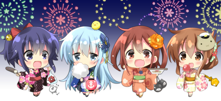 :d aerial_fireworks akatsuki_(kantai_collection) anchor_symbol animal animal_on_head bag bangs black_hair black_kimono blue_eyes blue_hair blue_kimono blush brown_eyes brown_hair brown_kimono candy_apple cat_mask chibi chick_on_head chocolate_banana commentary_request cotton_candy covered_mouth enemy_lifebuoy_(kantai_collection) eyebrows_visible_through_hair fireworks floral_print food full_body gradient_sky hair_between_eyes hibiki_(kantai_collection) highres hizuki_yayoi holding holding_food ikazuchi_(kantai_collection) inazuma_(kantai_collection) japanese_clothes kantai_collection kimono lantern long_hair long_sleeves mask multiple_girls on_head open_mouth orange_kimono ponytail print_kimono purple_eyes purple_hair satchel short_hair sky smile standing very_long_hair white_kimono wide_sleeves yukata