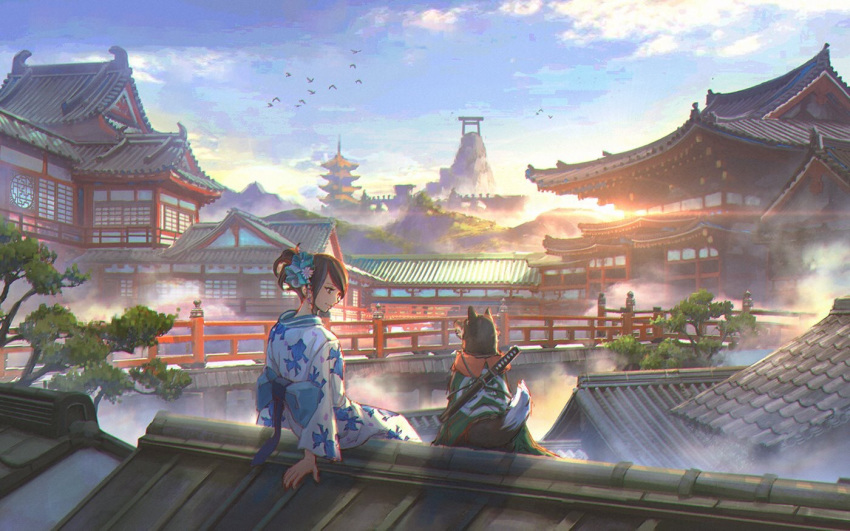 animal architecture back_bow black_hair bow clothed_animal commentary_request day dog east_asian_architecture flower hair_flower hair_ornament japanese_clothes kimono long_sleeves looking_at_animal original outdoors pagoda ponytail sheath sheathed sho_(shoichi-kokubun) sitting sitting_on_roof solo torii tree white_kimono