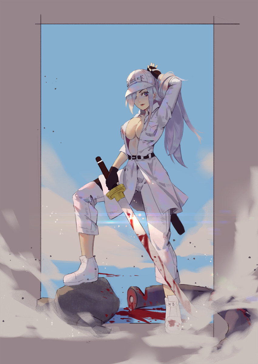 arm_up baseball_cap belt black_belt black_gloves blood blood_splatter bloody_weapon breast_pocket breasts cirilla cleavage clothes_writing collared_shirt fingerless_gloves full_body gloves hair_over_one_eye hat hataraku_saibou hataraku_saibou_black highres holding holding_sword holding_weapon katana knee_up large_breasts lips long_hair looking_at_viewer midriff no_bra open_clothes open_shirt pants pocket shirt shoes silver_eyes solo standing sword u-1196 uniform weapon white_blood_cell_(hataraku_saibou) white_footwear white_hair white_hat white_pants white_shirt white_uniform