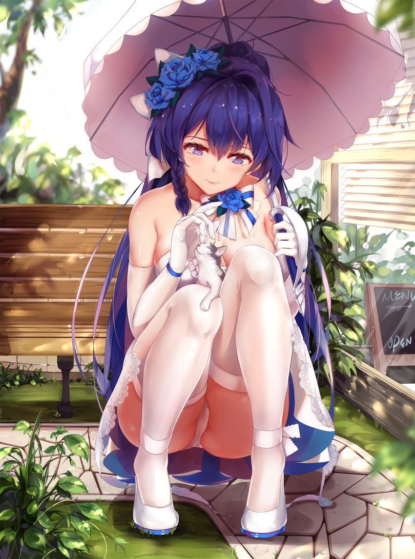 absurdres bangs bare_shoulders benghuai_xueyuan bloom blue_flower breasts cat chinese_commentary commentary_request day dress flower full_body gloves hair_flower hair_ornament highres holding holding_umbrella honkai_impact knees large_breasts long_hair menu_board outdoors panties pantyshot pantyshot_(squatting) parasol purple_eyes purple_hair raiden_mei sky sleeveless sleeveless_dress solo squatting thighhighs umbrella underwear white_dress white_footwear white_gloves white_legwear white_panties white_umbrella zombie-andy