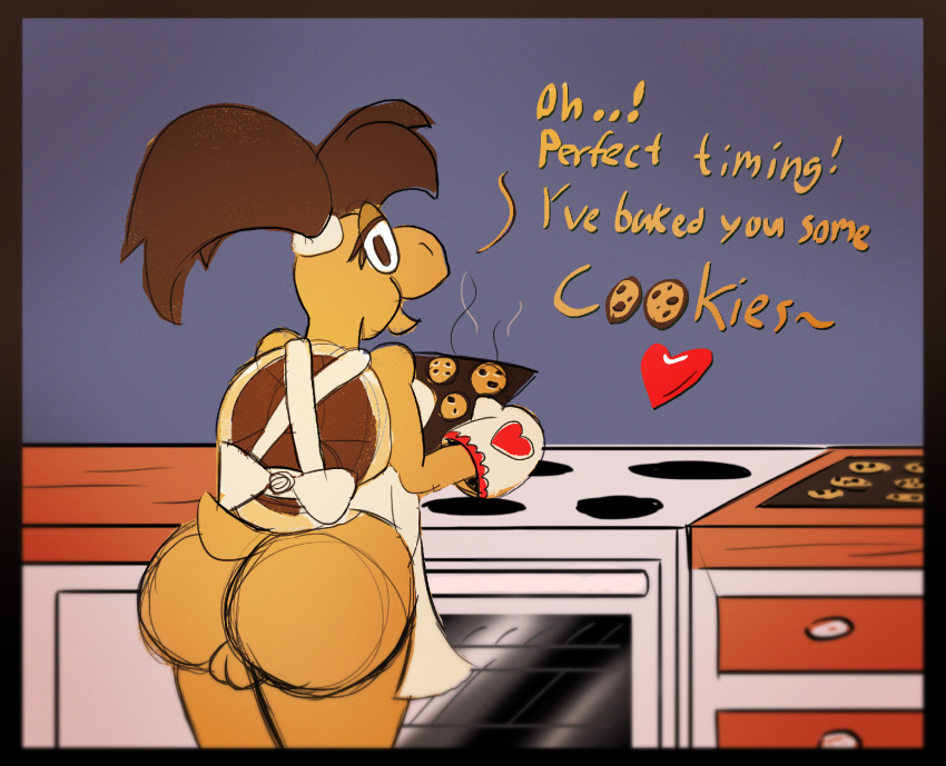 &lt;3 apron baked_goods baking big_butt brown_eyes brown_hair butt candy chocolate clothed clothing cookie cookie_koopa cooking dialogue english_text fan_character female food forbiddenknights2 hair happy hi_res kitchen koopa koopa_troopa looking_at_viewer looking_back mario_bros mittens naked_apron nintendo nude open_mouth oven ponytail pussy reptile scalie shell simple_background sketch stove text turtle video_games yellow_body