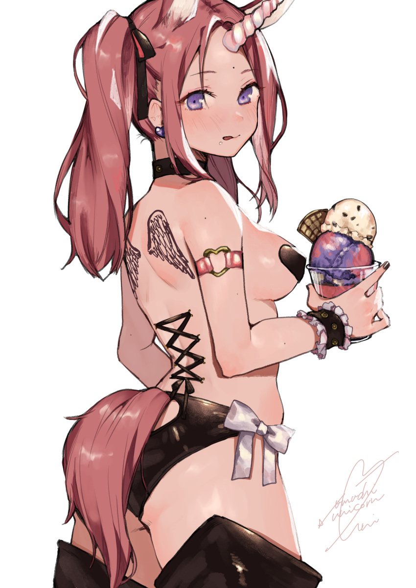 :q absurdres armband artist_name ass bad_id bad_pixiv_id black_nails black_panties blush breasts corset_piercing cowboy_shot cup earrings food forehead from_side highres holding horn ice_cream jewelry long_hair looking_at_viewer looking_back medium_breasts mole mole_on_shoulder nail_polish original panties pasties purple_eyes purple_hair sidelocks signature simple_background solo tail tattoo thighs tongue tongue_out twintails underwear uni_(melm) unicorn_girl wafer_stick white_background wrist_cuffs