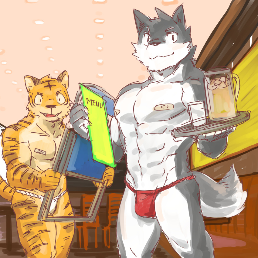 abs absurd_res anthro band-aid bandage beverage biped black_fur black_nose blush bulge cafe canine chair clothed clothing detailed_background duo feline fundoshi fur fur_markings glass grey_fur hi_res holding_object ice inside japanese_clothing kemono looking_at_viewer male mammal markings menu multicolored_fur muscular muscular_male open_mouth open_smile orange_fur royalsobatya smile standing stripes tiger topless tray two_tone_fur underwear white_fur wolf