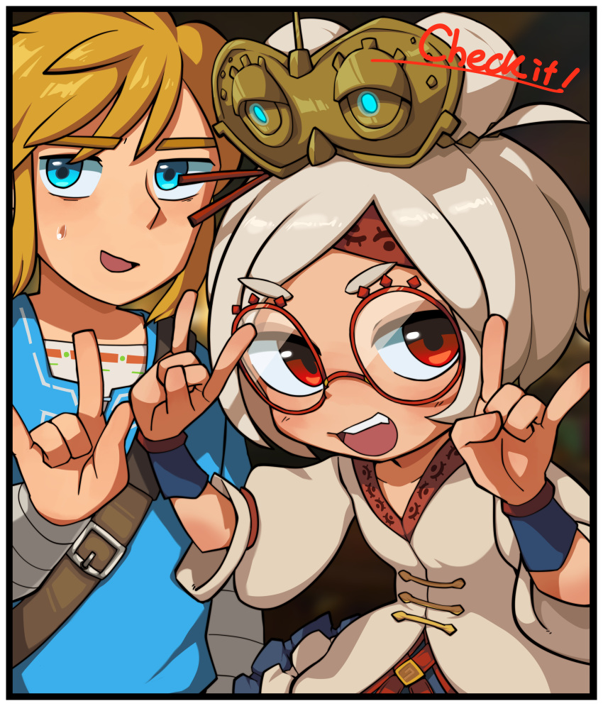 1girl \m/ absurdres bandaged_arm bandages bangs blonde_hair blue_eyes blue_shirt english fang frame glasses hair_bun hair_ornament hair_stick headband highres link lkll looking_at_viewer open_mouth parted_bangs purah red_eyes shirt silver_hair strap sweatdrop the_legend_of_zelda the_legend_of_zelda:_breath_of_the_wild thick_eyebrows upper_body wrist_cuffs