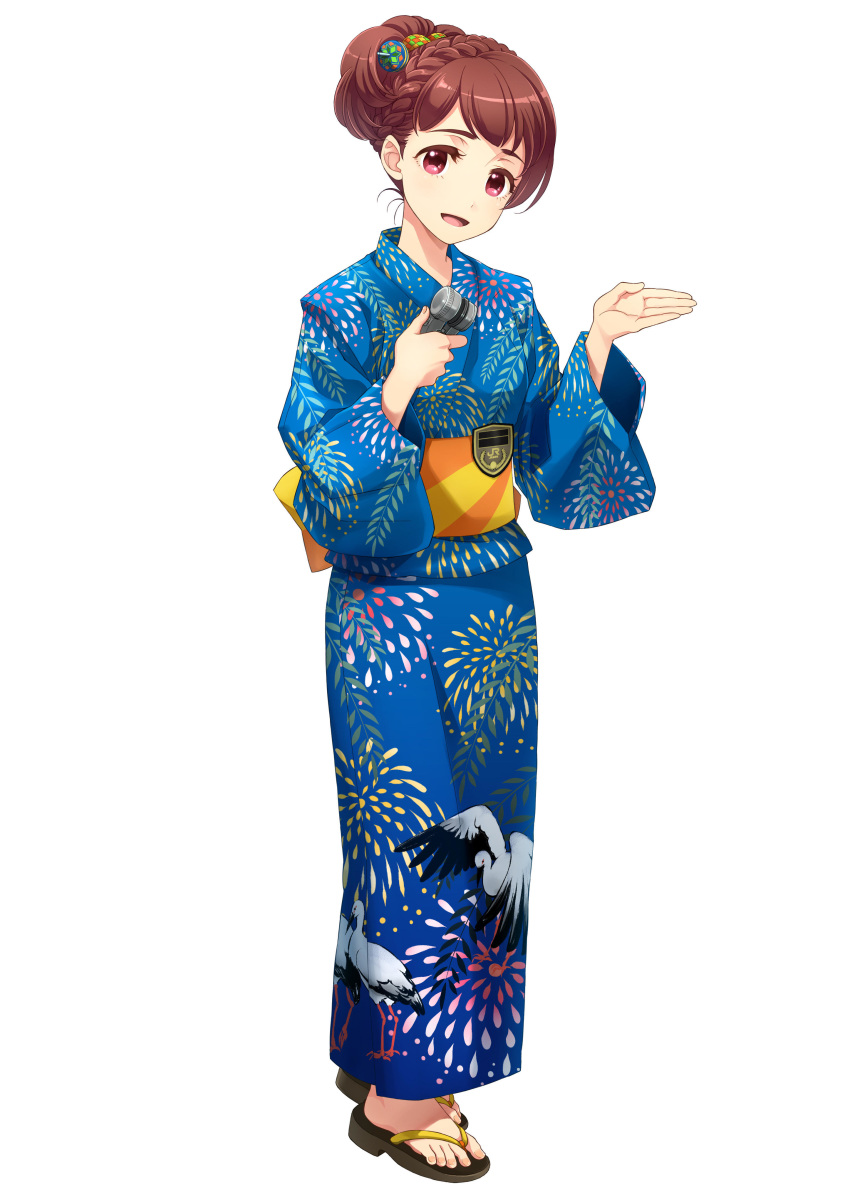 :d absurdres blue_kimono brown_hair full_body highres holding japanese_clothes kimono kinosaki_konori looking_at_viewer obi open_mouth red_eyes sash shiny shiny_hair short_hair simple_background smile solo tetsudou_musume tied_hair white_background yukata