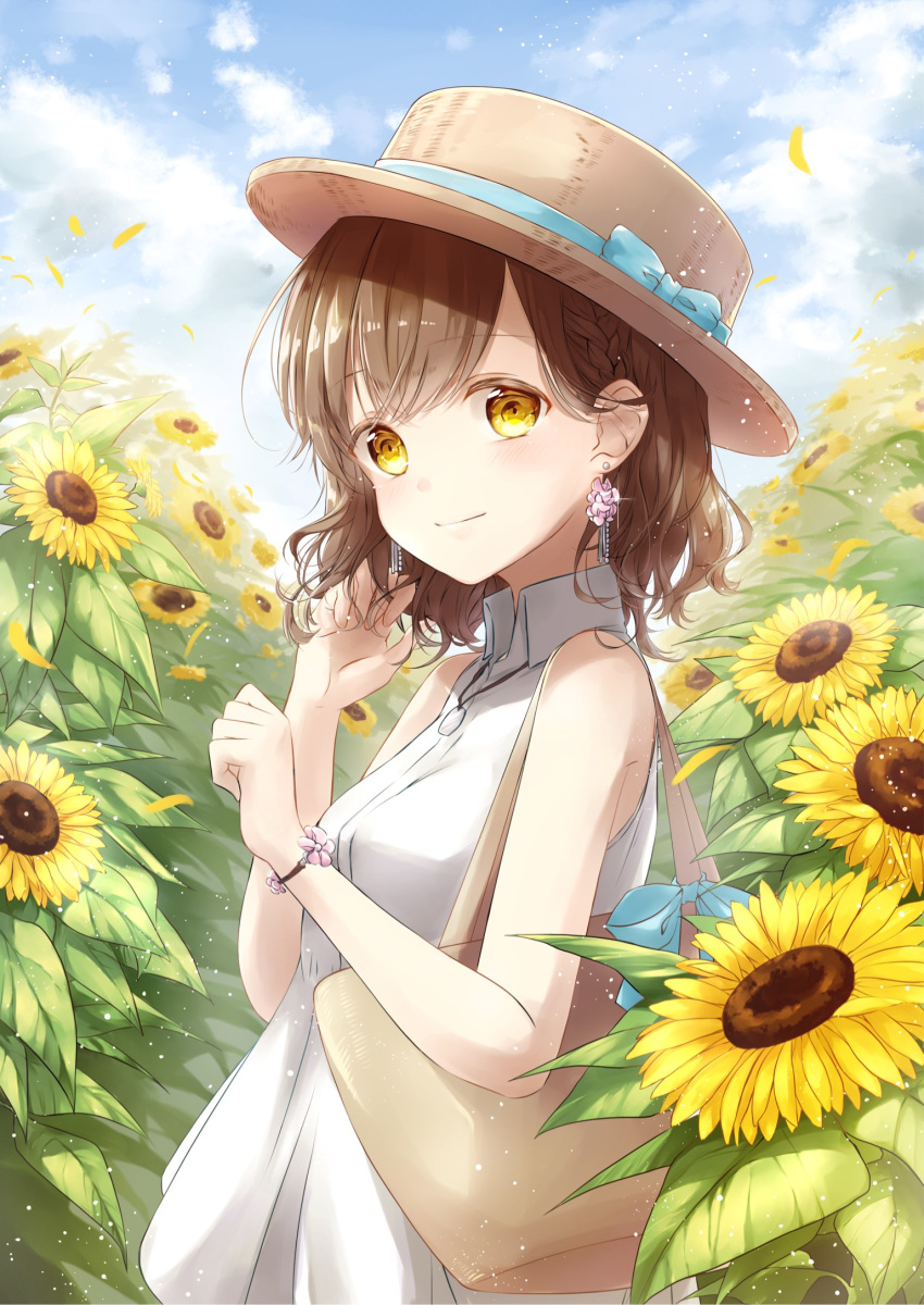 bag bangs blue_sky boater_hat bow bracelet braid brown_hair cloud collared_dress commentary_request day dress earrings eyebrows_visible_through_hair flower flower_earrings from_side hat hat_bow hat_ribbon highres jewelry looking_at_viewer looking_to_the_side necklace original outdoors petals ribbon sena_tea29 short_hair shoulder_bag sky sleeveless sleeveless_dress smile solo sparkle standing sunflower white_dress wind wing_collar yellow_eyes