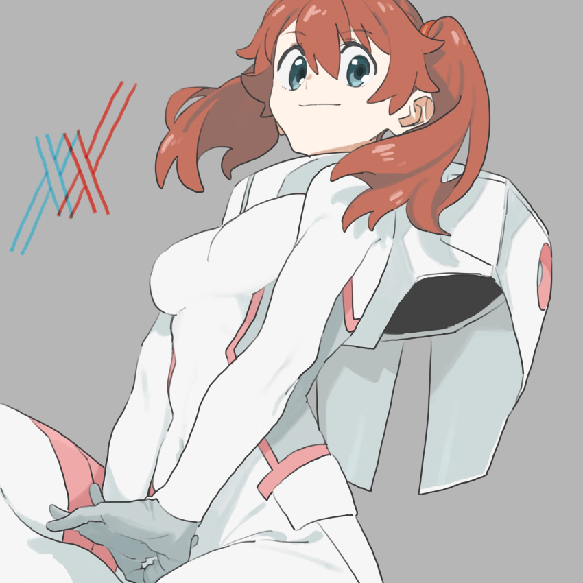 bangs blue_eyes bodysuit brown_hair commentary cracking_knuckles darling_in_the_franxx eyebrows_visible_through_hair grey_background hair_tie highres light_smile looking_at_viewer machi_(wm) miku_(darling_in_the_franxx) pilot_suit simple_background sitting solo twintails white_bodysuit