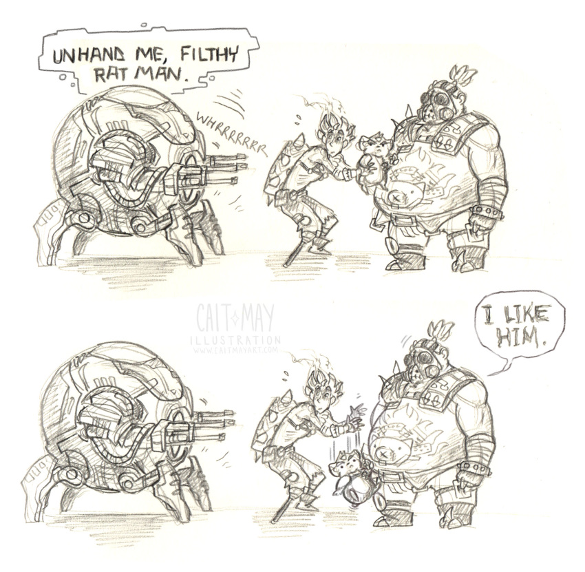 annoyed anthro caitercates comic explosives gas_mask hammond_(overwatch) hamster human humor junkrat_(overwatch) looking_at_viewer machine male mammal mask mecha open_mouth overwatch overweight roadhog_(overwatch) rodent video_games