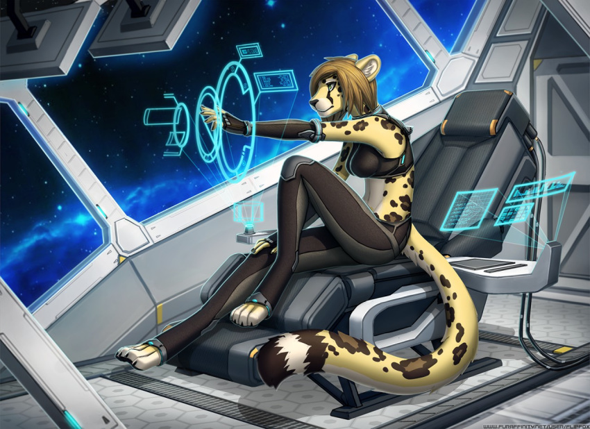 2018 4_toes 5_fingers anthro big_breasts biped black_claws black_nose bra breasts brown_hair captain chair cheetah claws clothed clothing digital_media_(artwork) feline female fingerless_gloves flipfox fur galaxy gloves hair hi_res hybrid kora_brandis legwear leopard mammal midriff milky_way multicolored_fur navel outside pawpads paws skintight_clothing sky snow_leopard solo space spacecraft sports_bra spots star starry_sky toes underwear vehicle white_fur