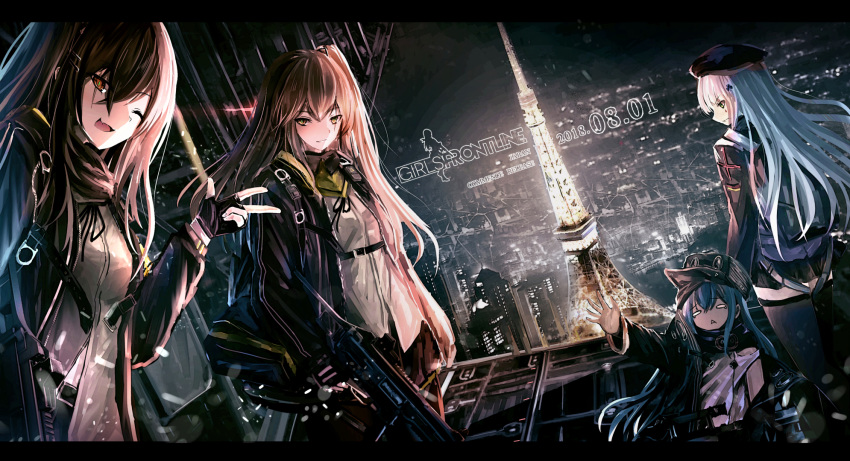 4girls armband assault_rifle bangs beret black_gloves black_legwear blunt_bangs blush breasts brown_eyes brown_hair bullpup city_lights cityscape cleavage commentary_request eyebrows_visible_through_hair facial_mark fingerless_gloves g11 g11_(girls_frontline) girls_frontline gloves green_eyes gun haguruma_(hagurumali) hair_between_eyes hair_ornament hairclip hat heckler_&amp;_koch highres hk416 hk416_(girls_frontline) holding holding_gun holding_weapon jacket letterboxed logo long_hair looking_at_viewer medium_breasts multiple_girls night one_side_up open_clothes open_mouth pantyhose plaid plaid_skirt ribbon rifle scar scar_across_eye scarf shirt sidelocks silver_hair skirt smile submachine_gun thighhighs tokyo_(city) twintails ump45_(girls_frontline) ump9_(girls_frontline) very_long_hair w weapon yellow_eyes