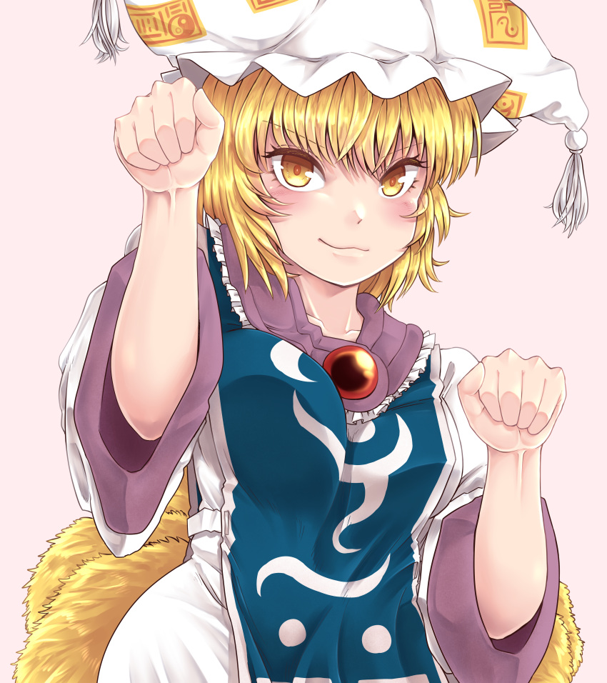 :3 absurdres animal_ears blonde_hair blush breasts closed_mouth commentary_request eyebrows_visible_through_hair fox_ears fox_tail gem hands_up hat highres huge_filesize large_breasts looking_at_viewer multiple_tails ofuda paw_pose pink_background shirt simple_background skirt smile solo tabard tail toluda touhou upper_body white_hat white_shirt white_skirt yakumo_ran yellow_eyes