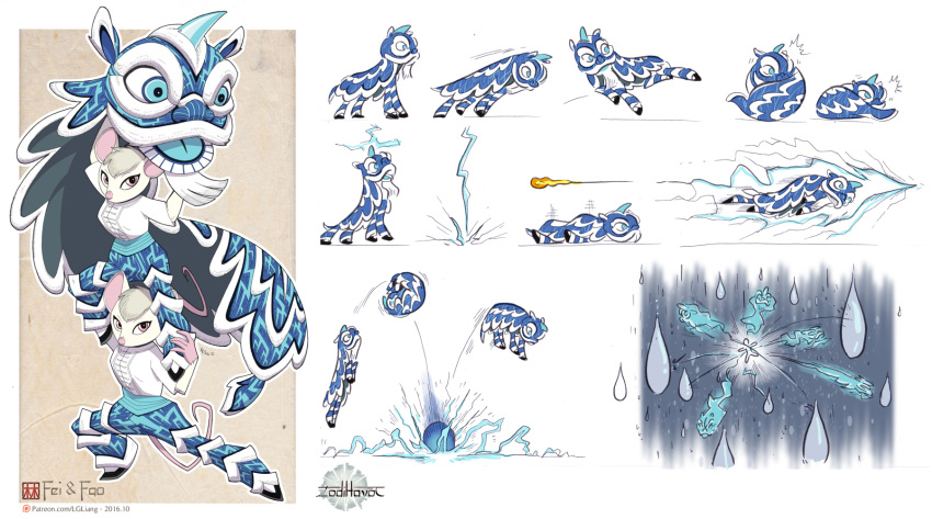 2016 all_fours blue_eyes chinese_clothing chinese_zodiac clothed clothing concept_art costume dragon duo eastern_dragon fao_(zodihavoc) fei_(zodihavoc) female feral horn improvised_weapon lightning loupgarou mammal melee_weapon model_sheet mouse on_shoulders pink_eyes rodent standing water weapon zodihavoc_(loupgarou)