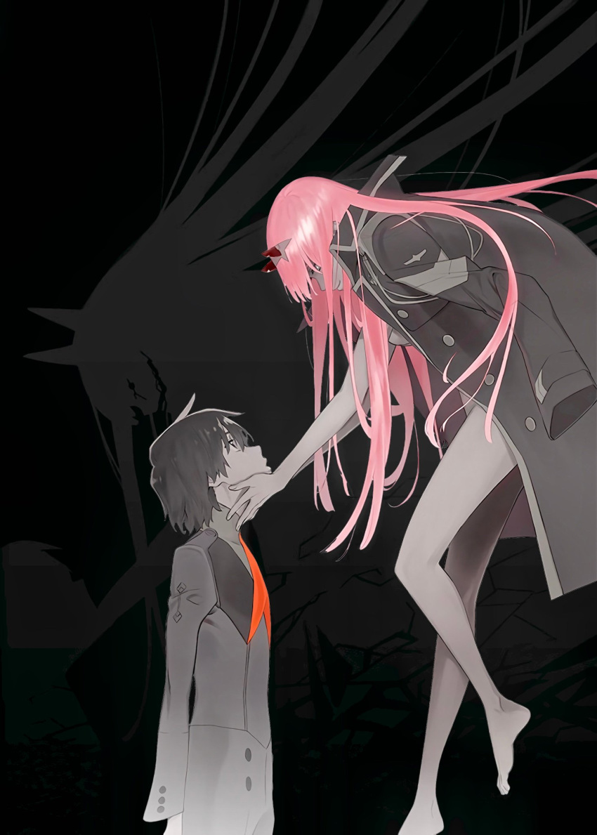 1boy 1girl absurdres barefoot black_hair darling_in_the_franxx different_shadow floating hands_on_another's_face highres hiro_(darling_in_the_franxx) horns jacket_on_shoulders key_visual light_smile long_hair looking_at_another military military_uniform official_art pink_hair short_hair spot_color tanaka_masayoshi uniform zero_two_(darling_in_the_franxx)