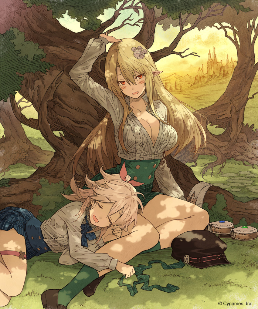 against_tree arm_up black_hat blonde_hair blue_bow blue_skirt bow bowtie breasts cleavage closed_eyes collarbone day dress_shirt elf ezusuke floating_hair grey_shirt hair_ornament hair_ribbon hat hat_removed headwear_removed high-waist_skirt highres large_breasts long_hair lying miniskirt multiple_girls on_side open_clothes open_shirt outdoors pleated_skirt pointy_ears ponytail red_ribbon ribbon shingeki_no_bahamut shirt silver_hair sitting skirt sleeping thigh_strap tree very_long_hair
