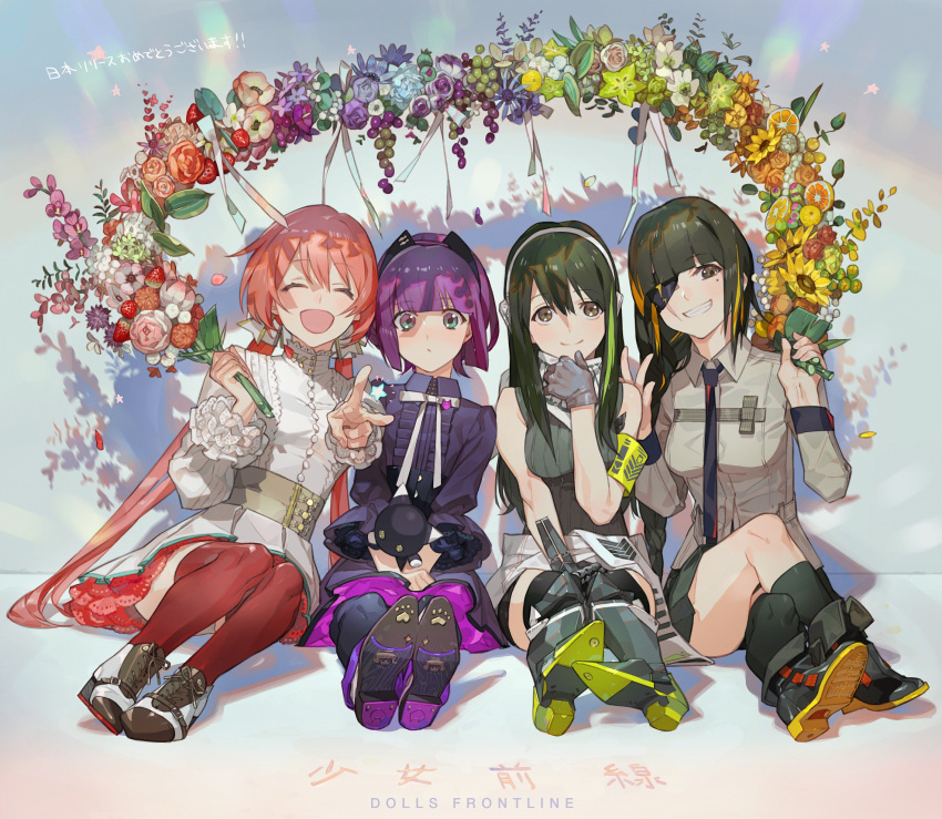 :d ^_^ ankle_boots announcement_celebration armband bangs black_hair black_legwear boots carcano_m91/38_(girls_frontline) closed_eyes commentary_request copyright_name eyebrows_visible_through_hair girls_frontline green_hair grin hand_up highres knee_boots long_hair looking_at_viewer m16a1_(girls_frontline) m1891_(girls_frontline) m4a1_(girls_frontline) mole mole_under_eye multicolored_hair multiple_girls nishihara_isao open_mouth orange_hair purple_hair red_hair red_legwear shoe_soles shoes short_hair sitting smile streaked_hair thighhighs uniform v wreath