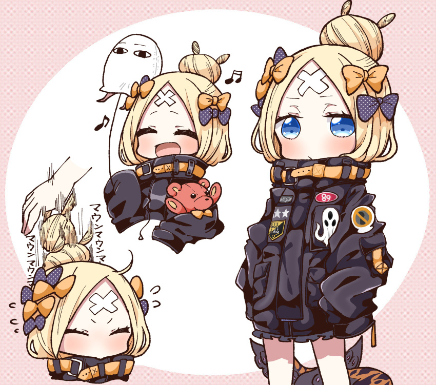 :d abigail_williams_(fate/grand_order) absurdres animal_print bandaid_on_forehead bangs black_bow black_jacket blonde_hair blue_eyes bow bug butterfly closed_eyes closed_mouth commentary_request facing_viewer fate/grand_order fate_(series) hair_bow hair_bun heroic_spirit_traveling_outfit highres insect jacket jako_(jakoo21) long_hair long_sleeves looking_at_viewer medjed multiple_views object_hug open_mouth orange_bow parted_bangs polka_dot polka_dot_bow sleeves_past_fingers sleeves_past_wrists smile stuffed_animal stuffed_toy suction_cups teddy_bear tentacles tiger_print very_long_hair