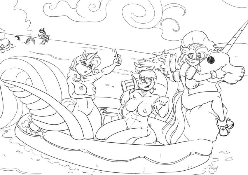 2018 abs alcohol anthro anthrofied applejack_(mlp) barely_visible_genitalia barrel beach beverage blush breasts cellphone cider discord_(mlp) draconequus dutch_angle earth_pony equine female fluttershy_(mlp) friendship_is_magic group holding_object holding_phone horn horse inflatable kneeling looking_back mammal monochrome muscular muscular_female my_little_pony navel nipples nude open_mouth outside partially_submerged pegasus phone pony pussy rarity_(mlp) seaside selfie subtle_pussy unicorn water wings yawg