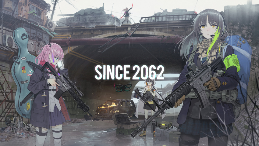 alternate_costume anti-rain_(girls_frontline) ar-15 armband armored_vehicle assault_rifle bangs baton black_hair black_legwear blazer blonde_hair blue_eyes breasts brown_eyes brown_hair car cellphone cigarette cityscape closed_mouth cloud cloudy_sky commentary_request day dress drone eyebrows_visible_through_hair eyepatch fingerless_gloves fire girls_frontline gloves ground_vehicle gun hair_between_eyes hair_ornament headgear headphones highres holding holding_gun holding_weapon jacket knee_pads kneehighs ladic lighting_cigarette long_hair looking_at_viewer m16a1 m16a1_(girls_frontline) m4_carbine m4_sopmod_ii m4_sopmod_ii_(girls_frontline) m4a1_(girls_frontline) magpul military military_vehicle mole mole_under_eye motor_vehicle multicolored_hair multiple_girls necktie one_side_up open_clothes open_mouth outdoors pantyhose phone pink_hair plaid plaid_skirt pleated_skirt rain red_hair rifle ruins scar scarf school_uniform shirt side_ponytail sidelocks skirt sky smoking st_ar-15_(girls_frontline) streaked_hair tank thigh_strap thighhighs trigger_discipline weapon white_legwear