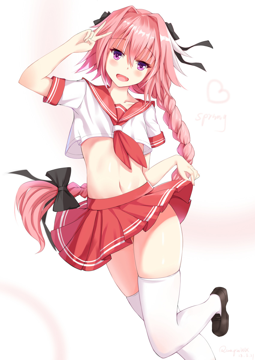 :d absurdres arm_up astolfo_(fate) bangs black_bow black_footwear black_ribbon blush bow braid chinese_commentary collarbone commentary_request crop_top dated english eyebrows_visible_through_hair fang fate/apocrypha fate_(series) floating_hair hair_between_eyes hair_bow hair_intakes hair_ribbon head_tilt heart highres leg_up loafers long_hair looking_at_viewer male_focus medium_skirt midriff multicolored_hair navel neckerchief open_mouth otoko_no_ko pink_hair pleated_skirt purple_eyes qianqiu_wanxia red_neckwear red_sailor_collar red_skirt ribbon sailor_collar shiny shiny_hair shiny_skin shoes short_sleeves sidelocks signature single_braid skirt skirt_hold smile solo standing standing_on_one_leg stomach streaked_hair thighhighs v very_long_hair white_background white_hair white_legwear