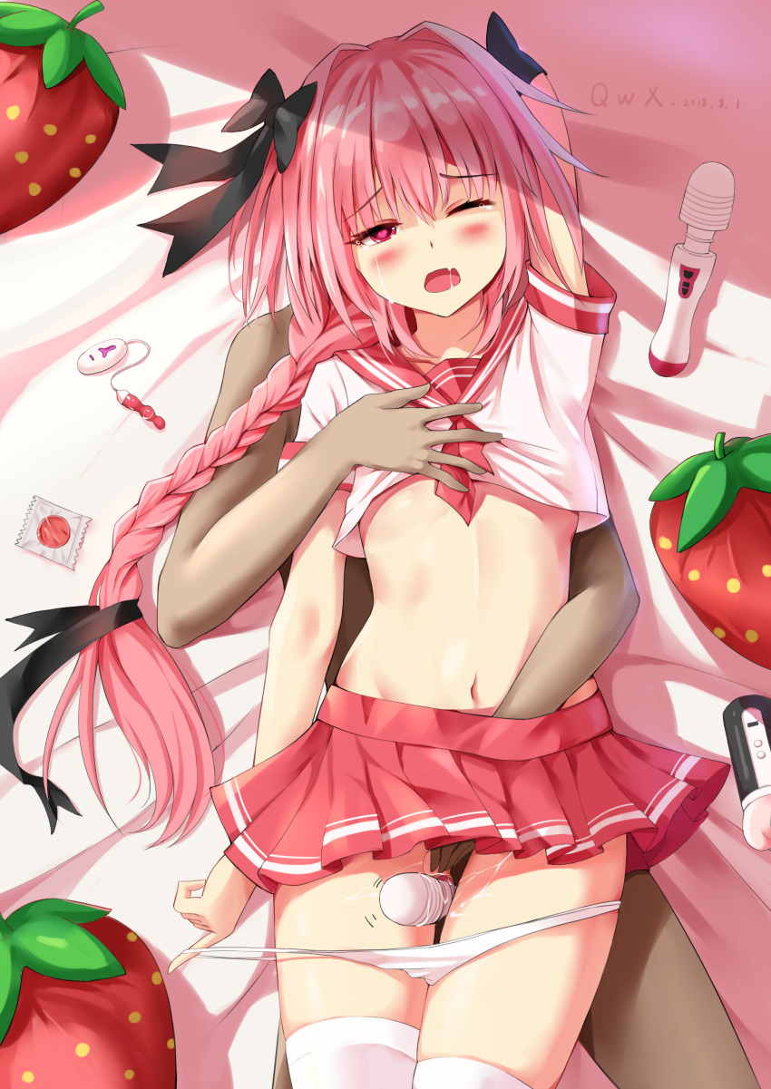 absurdres arm_up astolfo_(fate) bad_id bad_pixiv_id bangs bed_sheet between_legs black_bow black_ribbon blush bow braid collarbone condom_wrapper crop_top cum dark_skin dark_skinned_male dated eyebrows_visible_through_hair fang fate/apocrypha fate_(series) food fruit hair_between_eyes hair_bow hair_intakes hair_ribbon half-closed_eye hand_on_another's_chest head_tilt heart heart-shaped_pupils highres hitachi_magic_wand long_hair looking_at_viewer lying male_focus midriff miniskirt motion_lines multicolored_hair multiple_boys navel neckerchief on_back on_person one_eye_closed open_mouth otoko_no_ko panties panty_pull penis pink_hair pleated_skirt purple_eyes qianqiu_wanxia red_neckwear red_sailor_collar red_skirt ribbon sailor_collar saliva shade shiny shiny_hair shiny_skin short_sleeves sidelocks signature single_braid skirt stomach strawberry streaked_hair sunlight symbol-shaped_pupils tears thighhighs underwear untied very_long_hair vibrator vibrator_on_penis white_hair white_legwear white_panties yaoi