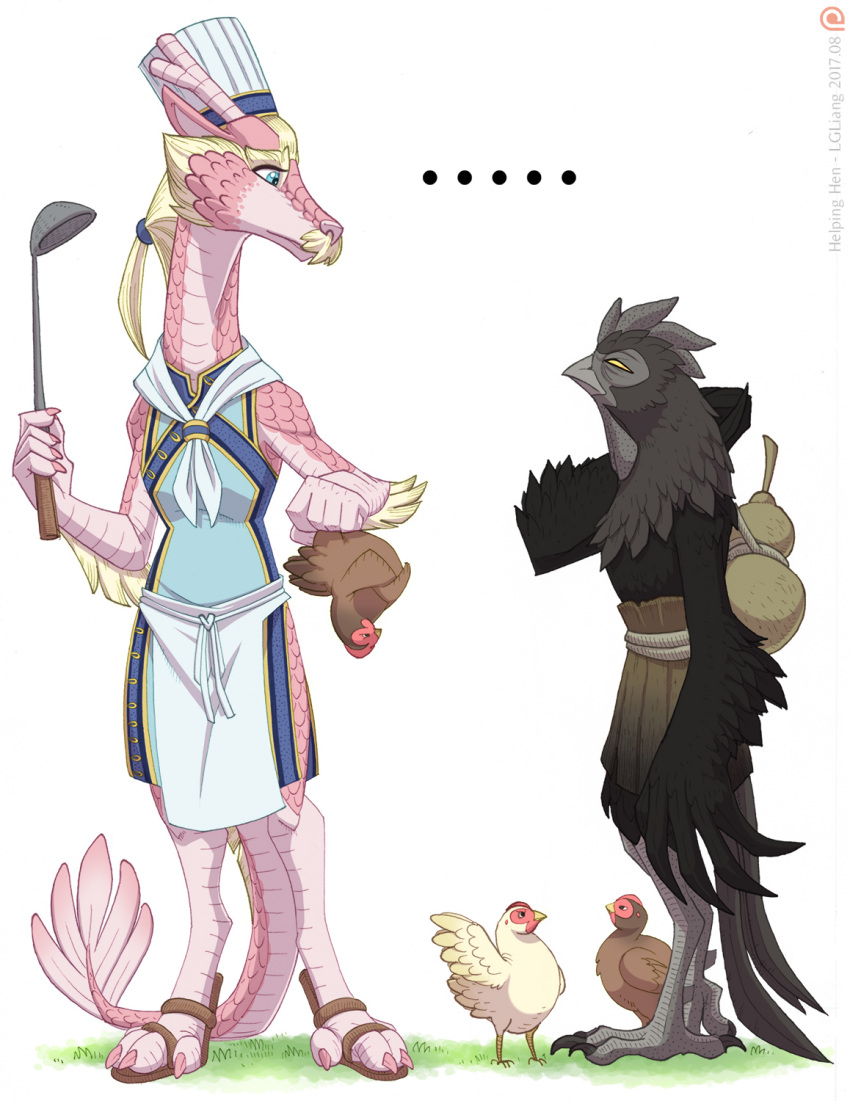 ... 2017 angry anthro avian bird black_feathers chicken chinese_clothing chinese_zodiac clothed clothing crossed_arms detailed_background dragon eastern_dragon eye_contact feather_hands feathers feral grass group haaklung hohchia holding_animal ladle loupgarou outside pink_scales pointing scales squint topless upside_down white_feathers