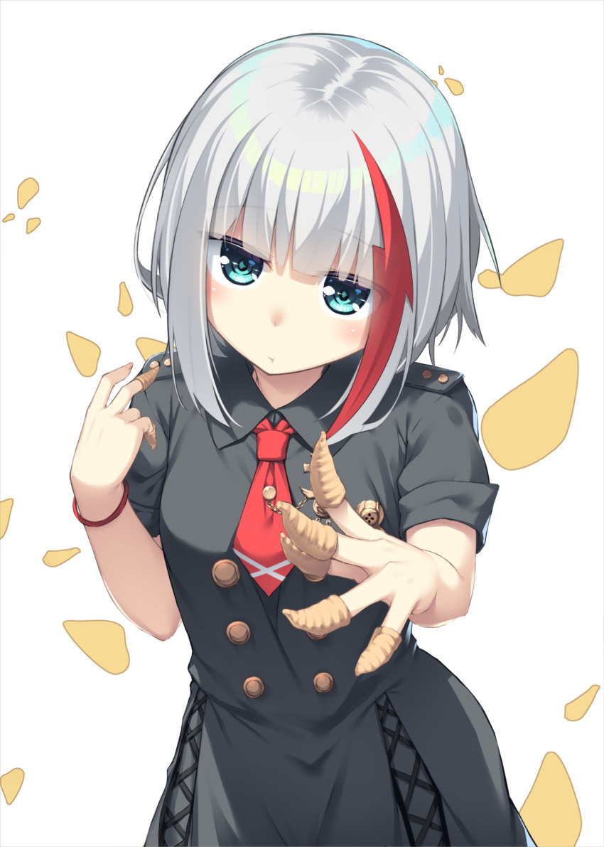 :t admiral_graf_spee_(azur_lane) azur_lane bangs black_dress breasts bugles closed_mouth collared_dress commentary_request dress eyebrows_visible_through_hair food_on_finger green_eyes head_tilt highres looking_at_viewer multicolored_hair necktie olive_(laai) pout red_hair red_neckwear short_necktie short_sleeves sidelocks silver_hair simple_background small_breasts solo streaked_hair white_background