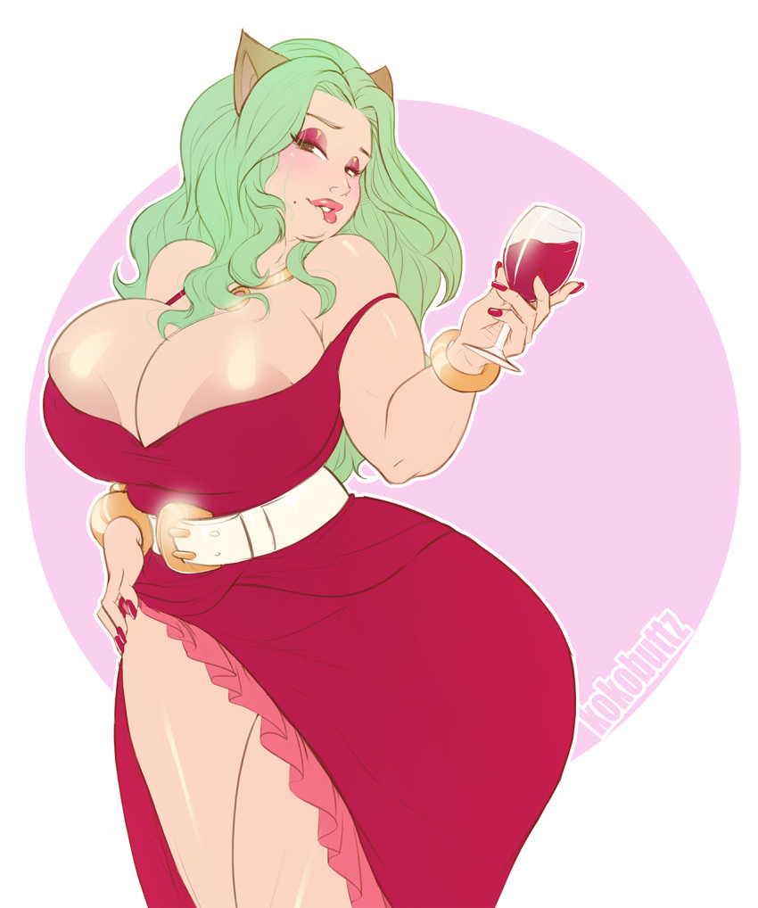 alcohol alien animal_humanoid beverage big_breasts big_butt bitting_lip blush breasts butt cat_humanoid clothed clothing feline female green_hair hair huge_breasts humanoid jewelry kokobuttz lips long_hair looking_at_viewer mammal mature_female pine_pine simple_background solo space_dandy thick_thighs wide_hips wine