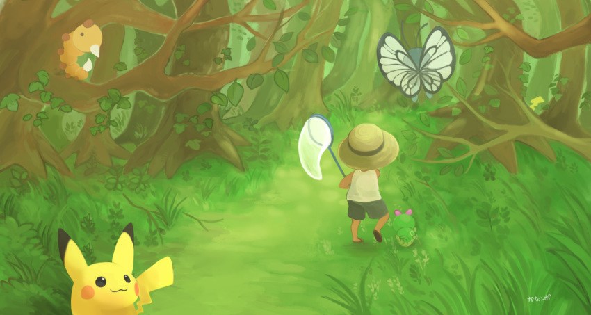 2016 ambiguous_gender boots butterfree caterpie clothed clothing detailed_background footwear grass group hat holding_object human kanannbo mammal nintendo outside pikachu pok&eacute;mon pok&eacute;mon_(species) standing tree video_games weedle