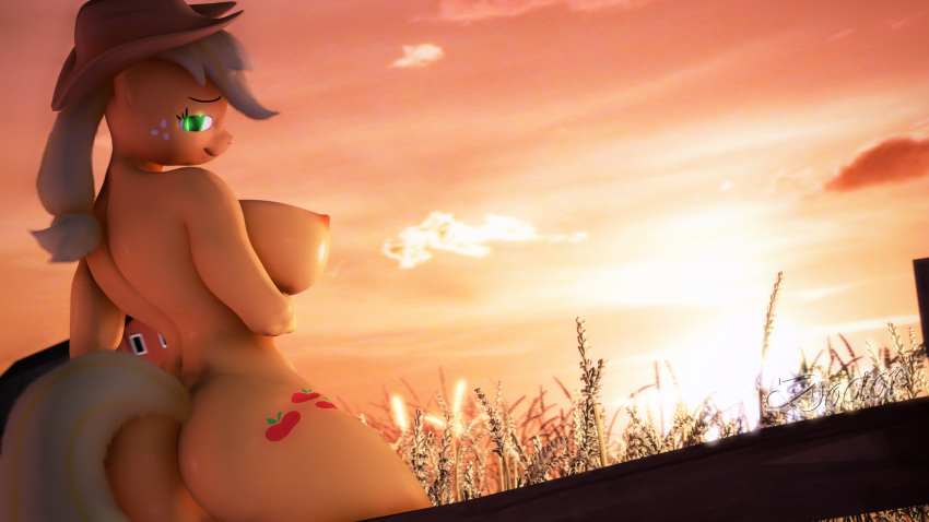 2018 3d_(artwork) alternate_form anthro anthrofied applejack_(mlp) barn big_breasts breasts butt cutie_mark digital_media_(artwork) doctor-sfm equine farm female fence friendship_is_magic green_eyes hair hat hay horse looking_at_viewer mammal my_little_pony nipples outside pony source_filmmaker sunset thick_thighs