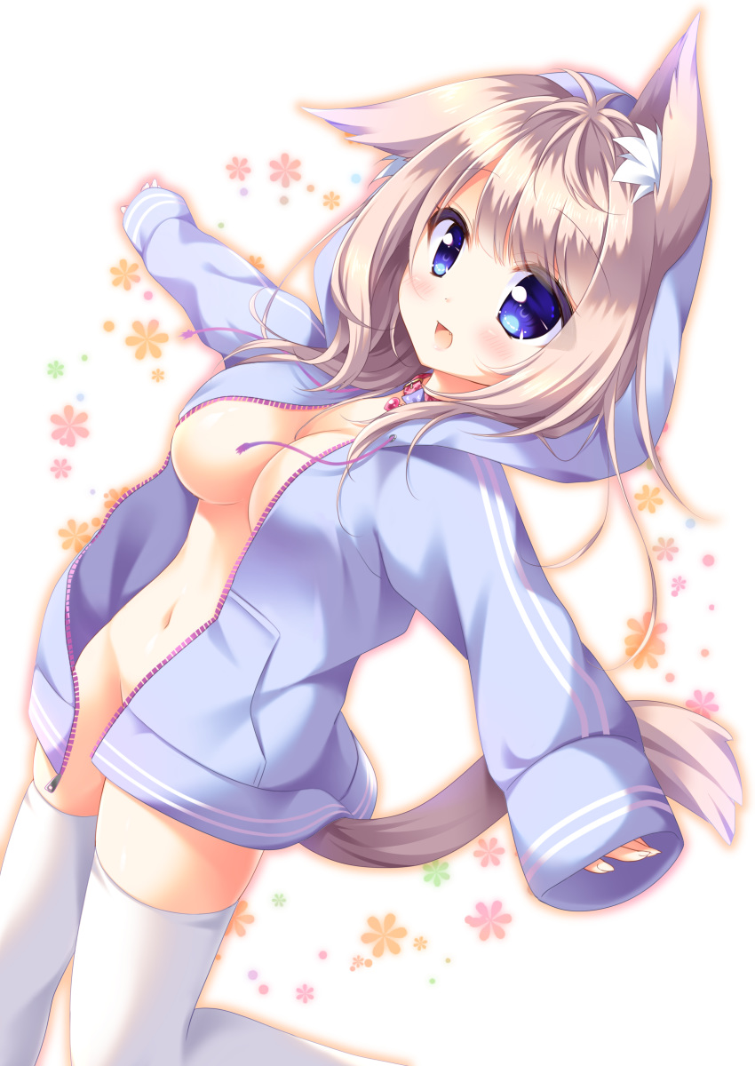 :d absurdres animal_ear_fluff animal_ears bangs blue_eyes blue_jacket blush breasts cleavage commentary_request dutch_angle eyebrows_visible_through_hair fang fingernails groin hair_between_eyes highres hood hood_up hooded_jacket jacket kinari_momiji light_brown_hair long_hair long_sleeves looking_at_viewer looking_to_the_side medium_breasts naked_coat navel open_mouth outstretched_arms ryuuka_sane sleeves_past_wrists smile solo spread_arms tail thighhighs white_background white_legwear yorite_konoha_wa_kurenai_ni
