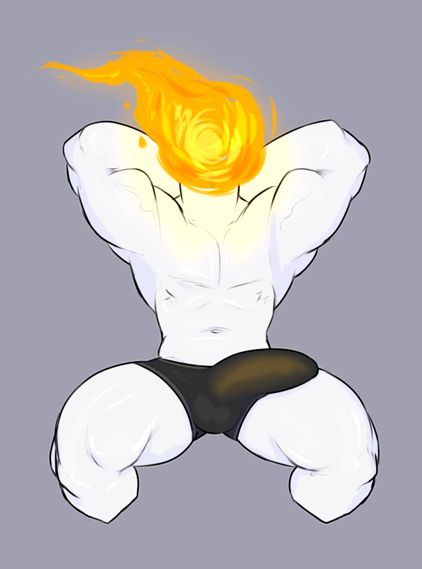 animate_inanimate big_bulge brasa_(himeros) bulge candle clothing fire glowing glowing_penis himerosthegod male muscular object_head penis penis_shaped_bulge simple_background solo underwear wax white_skin