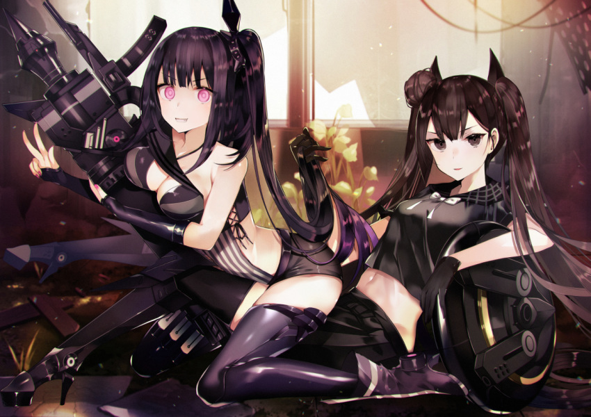 architect_(girls_frontline) asymmetrical_clothes bangs banned_artist bare_shoulders black_footwear black_gloves black_legwear black_sailor_collar black_serafuku black_shirt black_shorts black_skirt boots bow breast_press breasts brown_eyes brown_hair cleavage commentary_request evil_grin evil_smile eyebrows_visible_through_hair girls_frontline gloves grin hair_bun high_heel_boots high_heels indoors knee_boots long_hair looking_at_viewer medium_breasts multiple_girls object_hug ouroboros_(girls_frontline) parted_lips pink_eyes pleated_skirt purple_footwear purple_hair purple_legwear reclining sailor_collar sangvis_ferri school_uniform serafuku shirt short_shorts short_sleeves shorts side_bun skirt smile striped tetsubuta thighhighs twintails v-shaped_eyebrows vertical_stripes very_long_hair weapon white_bow window