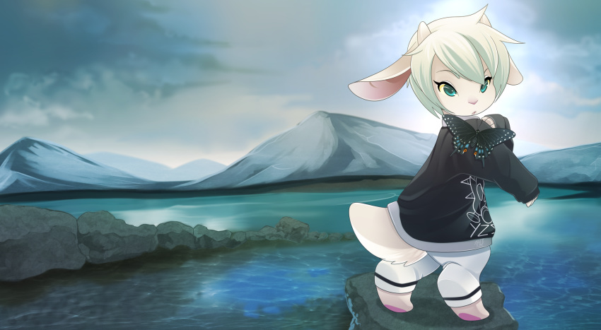 anthro arthropod blue_eyes butterfly cervine clothing cute digital_media_(artwork) eyebrows eyelashes female hair insect lagomorph lake looking_at_viewer looking_back mammal mountain outside rabbit rock rudragon solo wallpaper white_hair
