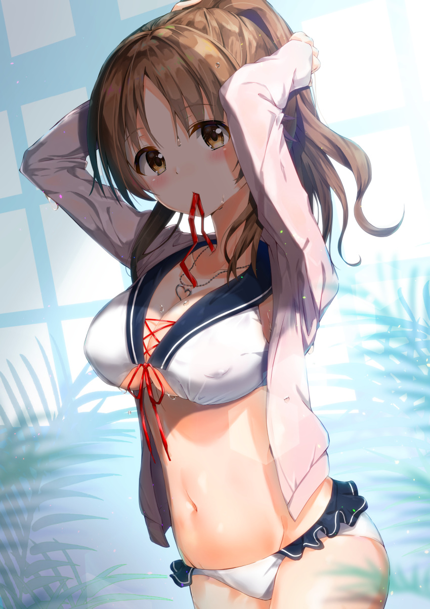 adjusting_hair arms_behind_head bangs bikini blush breasts brown_eyes brown_hair cleavage commentary_request covered_nipples cowboy_shot crop_top front-tie_top hair_ornament hair_scrunchie heart heart_necklace highres idolmaster idolmaster_cinderella_girls kuria_(clear_trip_second) large_breasts looking_at_viewer mouth_hold navel parted_bangs plant ponytail sailor_collar scrunchie solo stomach swimsuit totoki_airi underboob_cutout water wavy_hair white_bikini