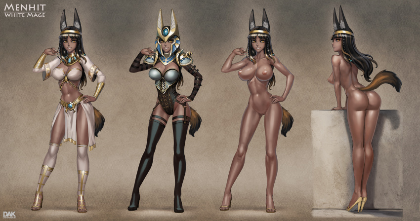 animal_ears artist_name ass black_hair bracer braid breasts bunny_and_fox_world circlet cleavage commission dark_arts_kai dark_skin egyptian full_body garter_straps hand_on_hip high_heels highres large_breasts legs_apart long_hair looking_at_viewer midriff multicolored_hair multiple_views navel nipples nude pelvic_curtain smile standing tail thighhighs twin_braids two-tone_hair watermark yellow_eyes