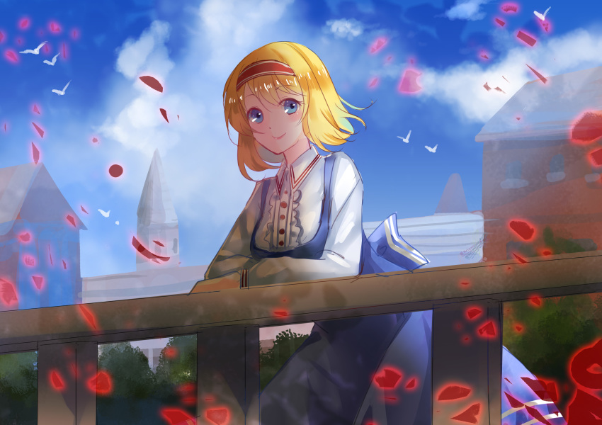 absurdres alice_margatroid back_bow bird blonde_hair blue_bow blue_dress blue_eyes blue_sky blush bow cloud day dress dress_shirt floating_hair hairband highres leaning_forward long_dress looking_at_viewer outdoors petals pinafore_dress red_hairband shiny shiny_hair shirt short_hair sky smile solo touhou vetina white_shirt