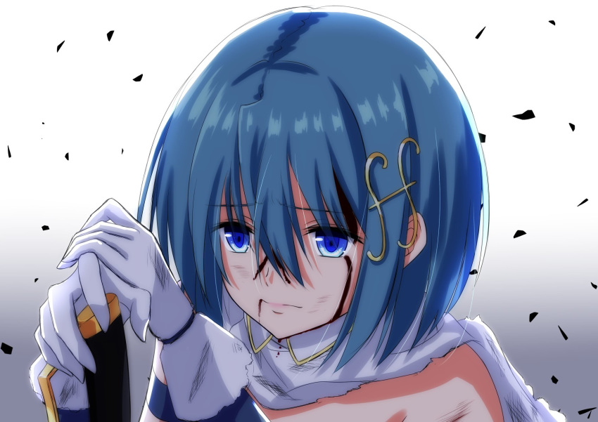 blood blood_from_mouth blood_on_face blue_eyes blue_hair cape commentary_request eyebrows_visible_through_hair fortissimo fortissimo_hair_ornament gloves hair_between_eyes hair_ornament highres hinata_tino mahou_shoujo_madoka_magica mahou_shoujo_madoka_magica_movie miki_sayaka musical_note_hair_ornament planted_sword planted_weapon short_hair solo sword weapon white_background white_gloves