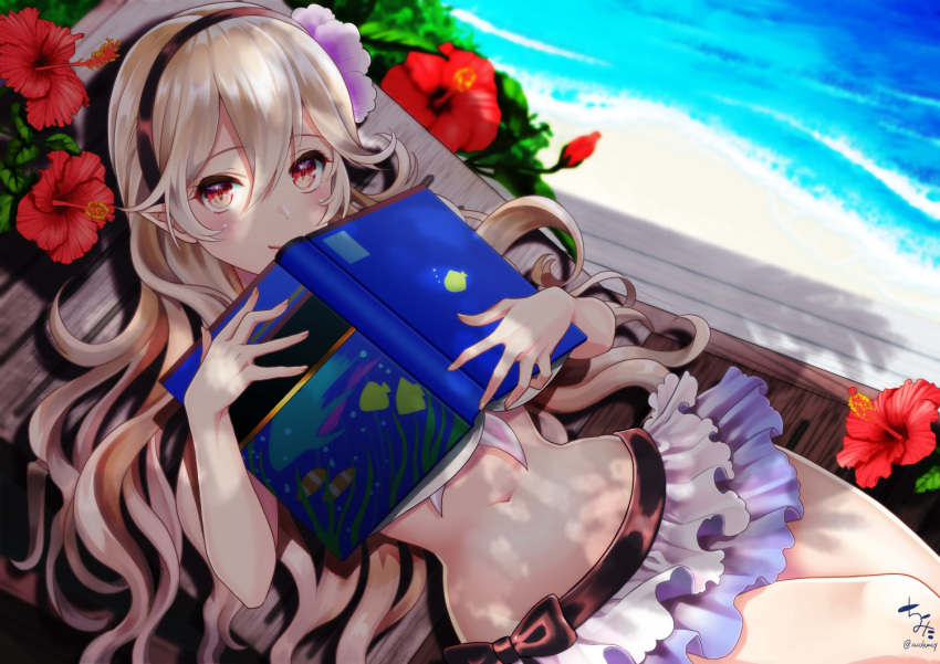 bangs beach bikini_skirt blurry blurry_background blush book chair closed_mouth commentary_request day dutch_angle eyebrows_visible_through_hair female_my_unit_(fire_emblem_if) fingernails fire_emblem fire_emblem_heroes fire_emblem_if flower hair_between_eyes head_tilt kumehara_chiyota light_brown_hair long_hair looking_at_viewer lounge_chair lying my_unit_(fire_emblem_if) navel on_back open_book outdoors purple_flower red_eyes red_flower sand signature smile solo twitter_username very_long_hair water white_bikini_bottom