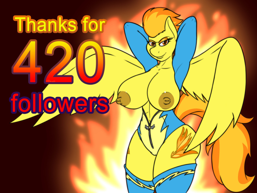 2015 4:3 anthro anthrofied areola b00mt00b big_breasts breasts equine erect_nipples feathered_wings feathers female flashing friendship_is_magic mammal my_little_pony nipples pegasus smile solo spitfire_(mlp) wings wonderbolts_(mlp) yellow_feathers