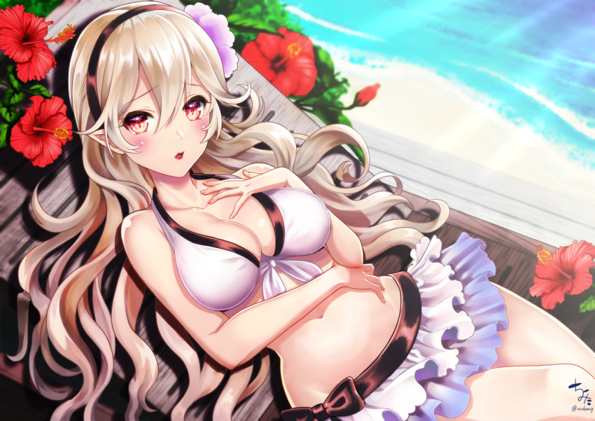 bangs bare_arms bare_shoulders beach bikini bikini_skirt blurry blurry_background blush breasts chair cleavage collarbone day dutch_angle eyebrows_visible_through_hair female_my_unit_(fire_emblem_if) fire_emblem fire_emblem_heroes fire_emblem_if flower front-tie_bikini front-tie_top hair_between_eyes head_tilt kumehara_chiyota light_brown_hair lips long_hair looking_at_viewer lounge_chair lying medium_breasts my_unit_(fire_emblem_if) on_back outdoors parted_lips purple_flower red_eyes red_flower sand signature solo swimsuit twitter_username very_long_hair water white_bikini