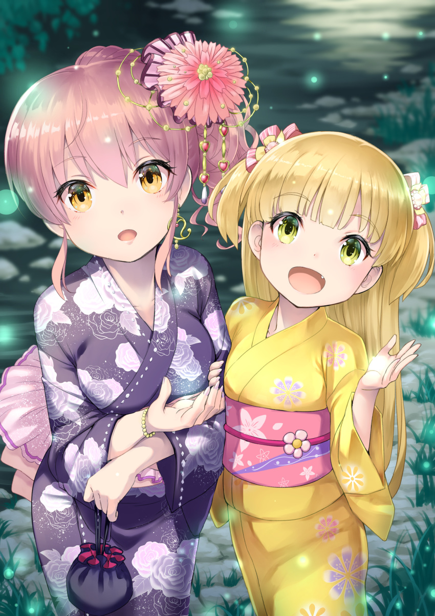blonde_hair bow bracelet commentary commentary_request day fingernails floral_print flower green_eyes hair_bow hair_flower hair_ornament highres holding idolmaster idolmaster_cinderella_girls japanese_clothes jewelry jougasaki_mika jougasaki_rika kimono long_hair long_sleeves multiple_girls nail_polish obi orange_eyes outdoors partial_commentary pink_bow pink_flower pink_hair pink_nails print_kimono purple_kimono revision rin2008 sash siblings side_ponytail sisters standing striped striped_bow two_side_up very_long_hair wide_sleeves yellow_kimono