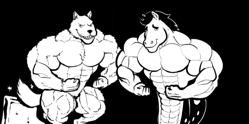 aaron_(undertale) abs anthro biceps big_muscles canine duo equine fish fur horse hybrid hyper hyper_muscles ice ice_cube ice_cube_(undertale) ice_wolf_(undertale) male mammal marine monochrome muscular pecs ripped-saurian standing undertale video_games wolf