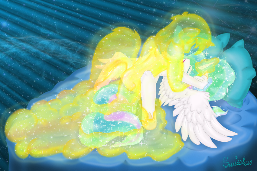 2013 anthro anthrofied breasts equine feathered_wings feathers female friendship_is_magic hair horn magic mammal masturbation multicolored_hair my_little_pony princess princess_celestia_(mlp) pussy royalty signature solo swissleos vaginal vaginal_masturbation white_feathers winged_unicorn wings