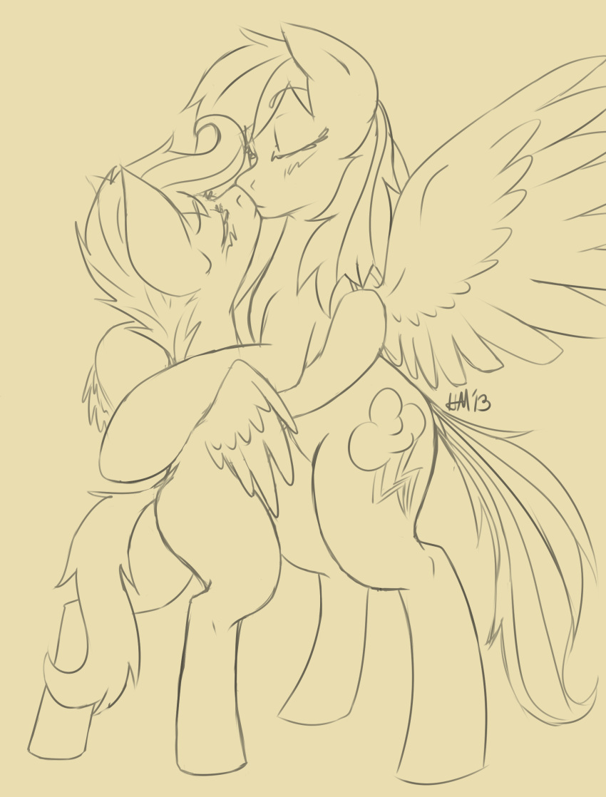 2013 blush cub cutie_mark duo equine eyes_closed feathered_wings feathers female feral friendship_is_magic hair hi_res hobbsmeerkat kissing mammal monochrome my_little_pony pegasus rainbow_dash_(mlp) scootaloo_(mlp) standing wings young