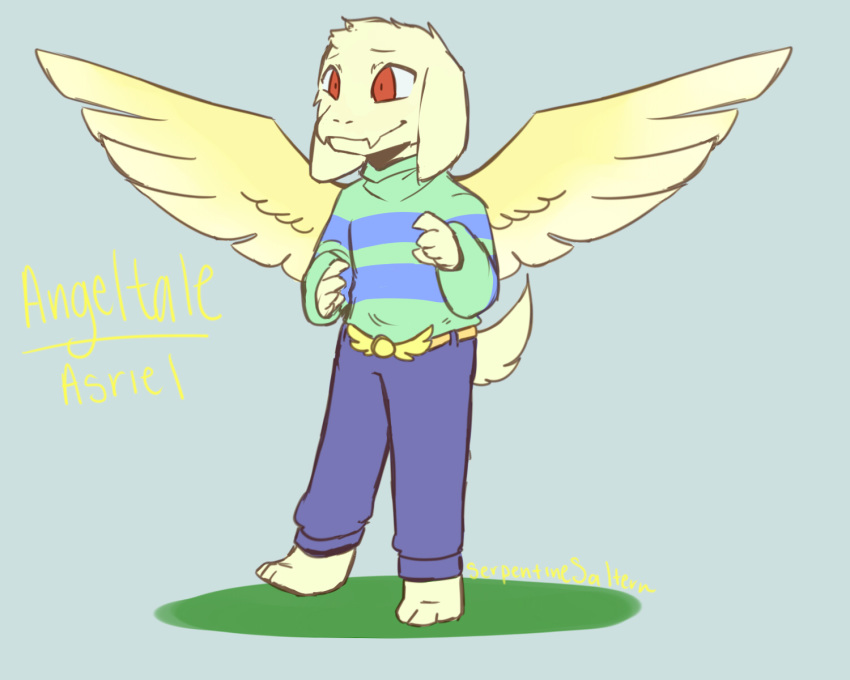 5:4 alternate_universe angeltale anthro asriel_dreemurr boss_monster caprine clothed clothing cute fan_character fangs feathered_wings feathers fur goat male mammal pants serpentinesaltern simple_background smile solo sweater undertale video_games white_fur wings