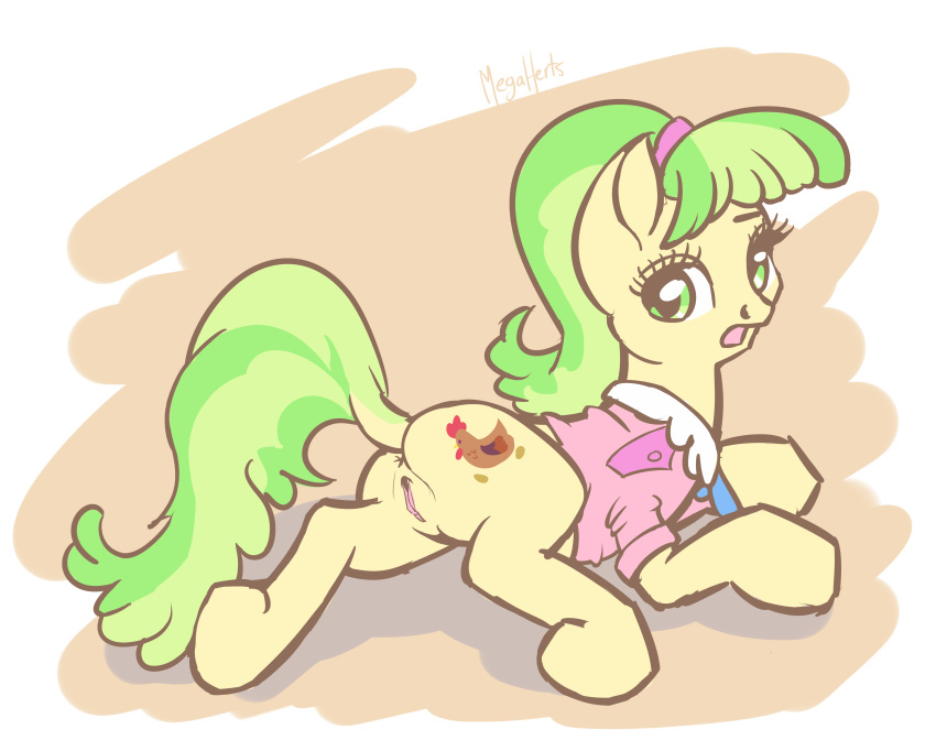 2014 absurd_res anus avian bird butt chicken clothing cutie_mark earth_pony equine female feral friendship_is_magic green_eyes green_hair hair hi_res horse mammal megaherts ms_peachbottom_(mlp) multicolored_hair my_little_pony open_mouth pony pussy solo two_tone_hair