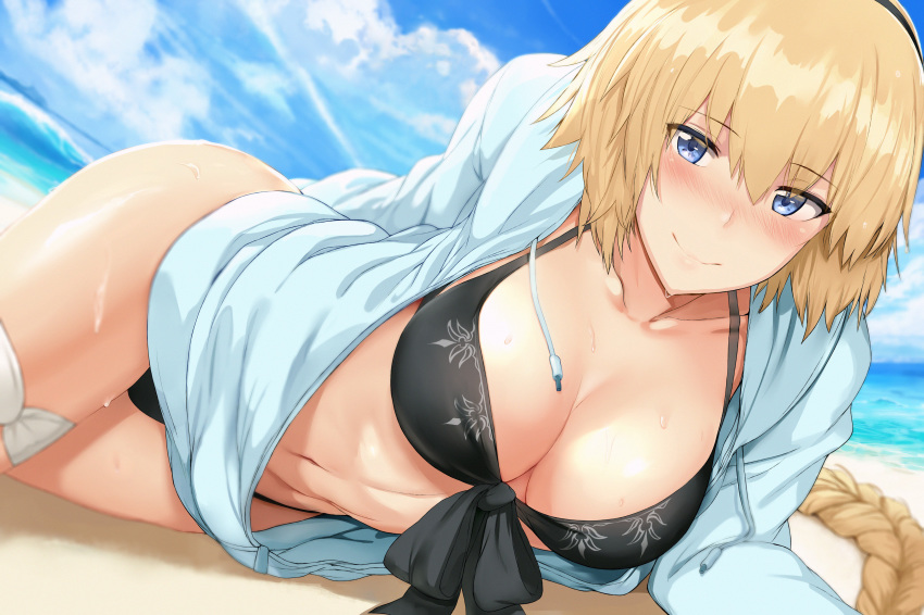 absurdres bangs beach bikini black_bikini black_hairband blonde_hair blue_eyes blue_innertube blue_jacket blush braid breasts cleavage closed_mouth cloud cloudy_sky collarbone commentary cowboy_shot day eyebrows_visible_through_hair fate/grand_order fate_(series) front-tie_bikini front-tie_top hair_between_eyes hairband hews_hack highres hood hood_down hooded_jacket hoodie jacket jeanne_d'arc_(fate)_(all) jeanne_d'arc_(swimsuit_archer) large_breasts long_braid long_hair long_sleeves looking_at_viewer lying navel ocean on_side scrunchie sidelocks single_braid sky smile solo swimsuit thigh_strap thighs very_long_hair